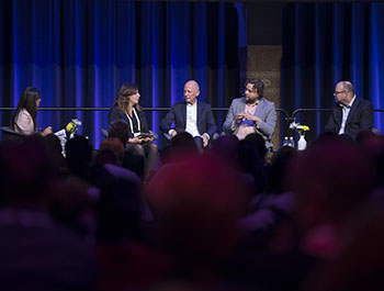 Maithreyi Seetharaman, Co-Chair of Fortune Most Powerful Women International, hosts Rachel White, Arcadis, Ger Baron, CTO of Amsterdam, Ben van Berkel, UNStudio, and Bert van Mil, Urban Mobility Solutions, during the Building a Resilient Community Fireside Chat at CES Unveiled Amsterdam